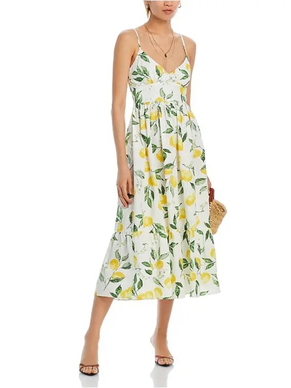 Aqua White Cotton Midi Sundress with Yellow Lemon Print and Strap Ties